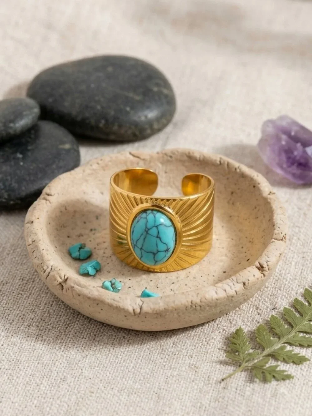 Turquoise Sunburst Wide Band Adjustable Ring 14K Gold Plated Boho Western 7-9